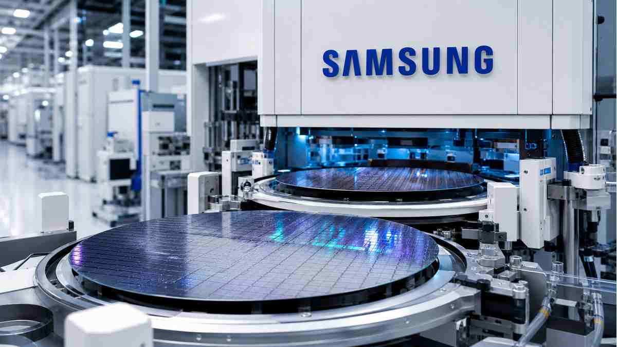 삼성전자 SAMSUNG 로고가 보이는 반도체 웨이퍼 생산라인